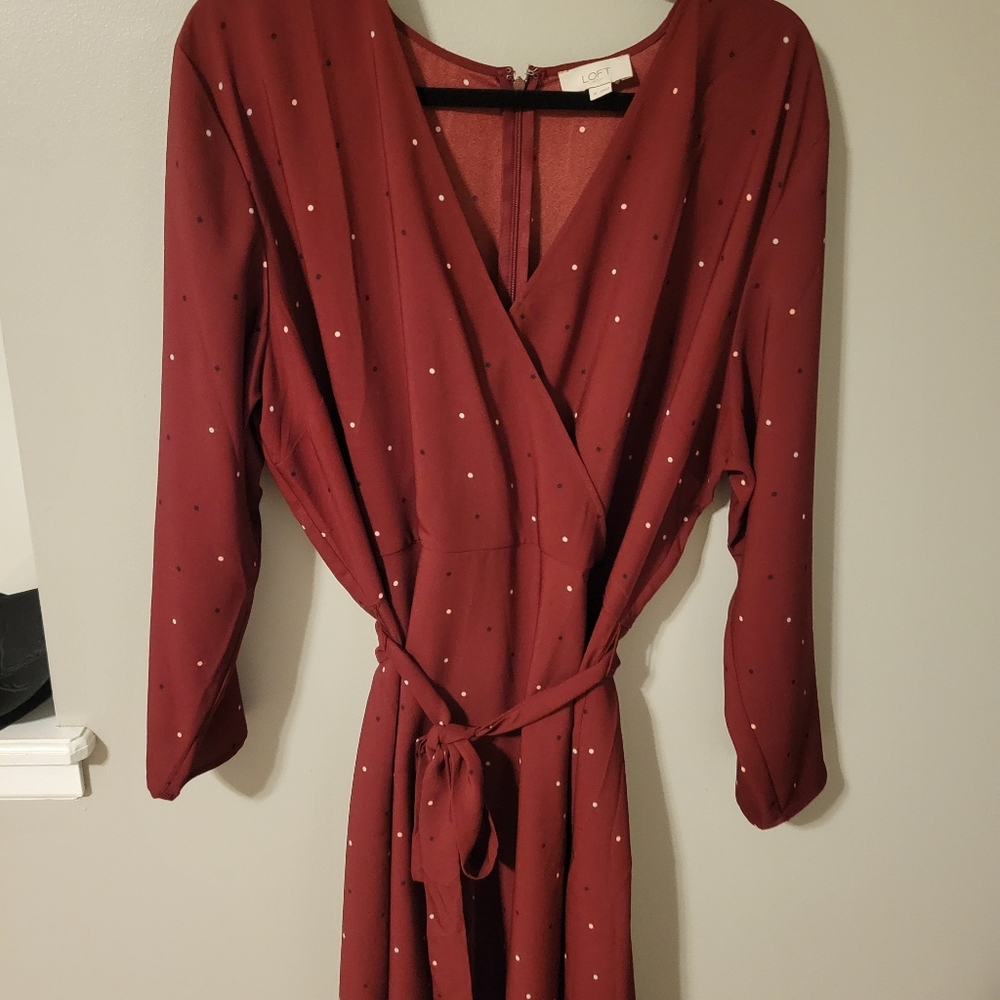 Burgundy polka dots faux wrap dress